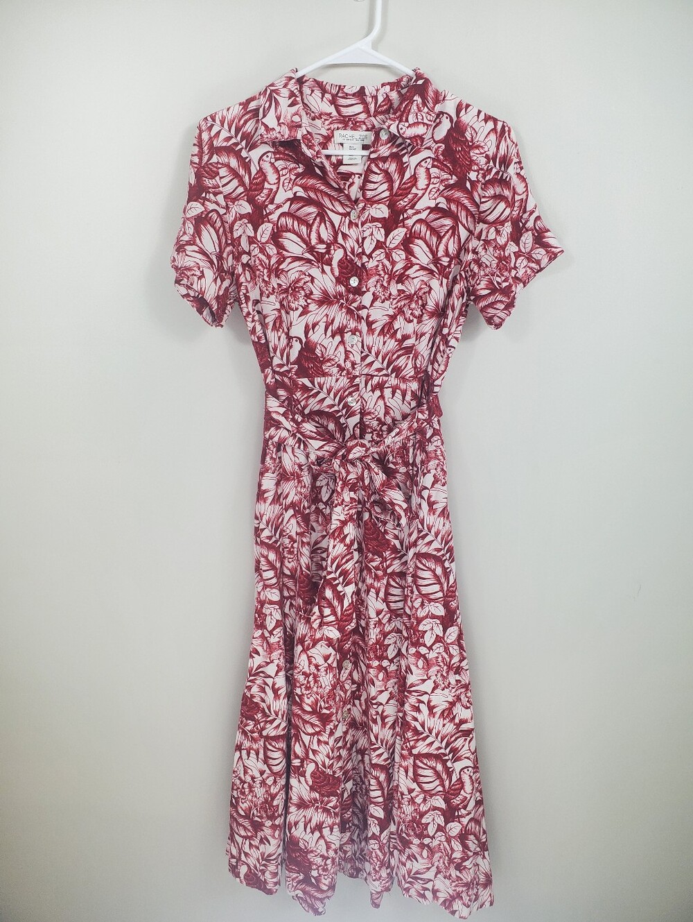 Rachel Zoe Size S Red White Linen Blend Tropical Bird Print Button Front Dress